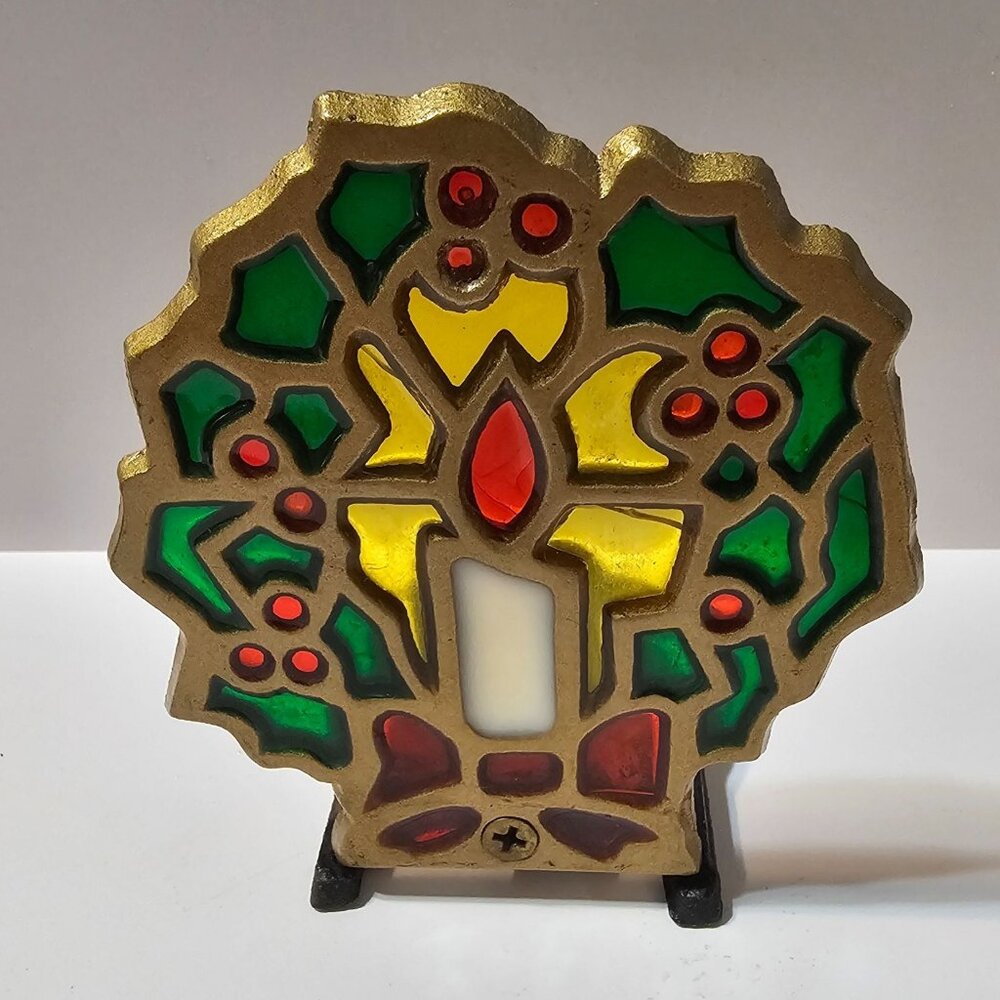 Vintage Cast Iron Christmas Wreath Stained Glass Candle Holder Holiday Décor